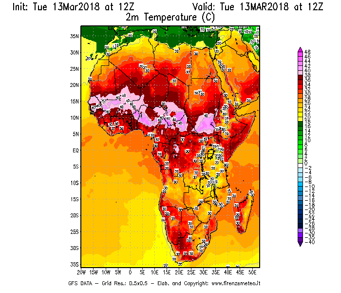 Mappa di analisi GFS - Temperatura a 2 metri dal suolo [°C] in Africa
							del 13/03/2018 12 <!--googleoff: index-->UTC<!--googleon: index-->