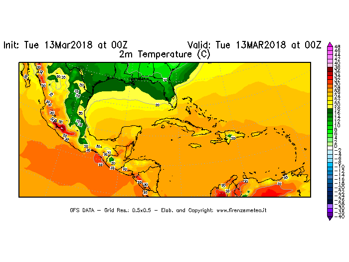 Mappa di analisi GFS - Temperatura a 2 metri dal suolo [°C] in Centro-America
							del 13/03/2018 00 <!--googleoff: index-->UTC<!--googleon: index-->