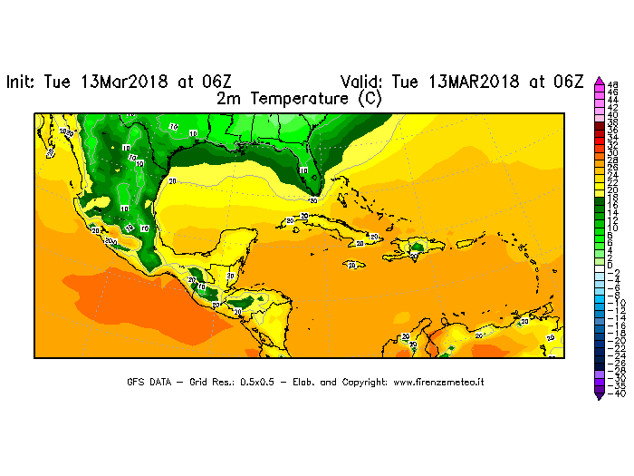 Mappa di analisi GFS - Temperatura a 2 metri dal suolo [°C] in Centro-America
							del 13/03/2018 06 <!--googleoff: index-->UTC<!--googleon: index-->