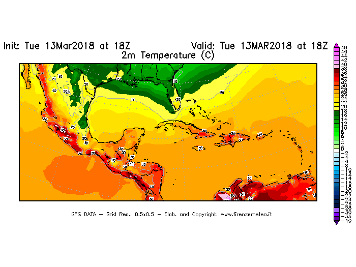 Mappa di analisi GFS - Temperatura a 2 metri dal suolo [°C] in Centro-America
							del 13/03/2018 18 <!--googleoff: index-->UTC<!--googleon: index-->