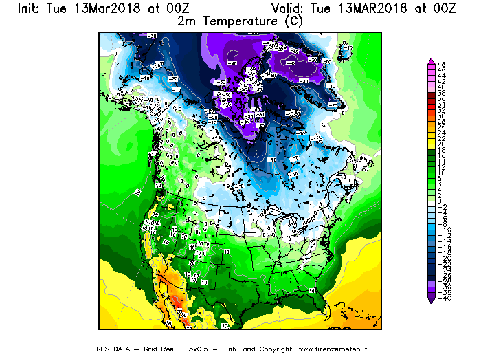 Mappa di analisi GFS - Temperatura a 2 metri dal suolo [°C] in Nord-America
							del 13/03/2018 00 <!--googleoff: index-->UTC<!--googleon: index-->