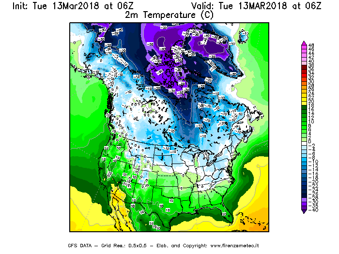 Mappa di analisi GFS - Temperatura a 2 metri dal suolo [°C] in Nord-America
							del 13/03/2018 06 <!--googleoff: index-->UTC<!--googleon: index-->