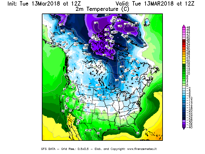 Mappa di analisi GFS - Temperatura a 2 metri dal suolo [°C] in Nord-America
							del 13/03/2018 12 <!--googleoff: index-->UTC<!--googleon: index-->