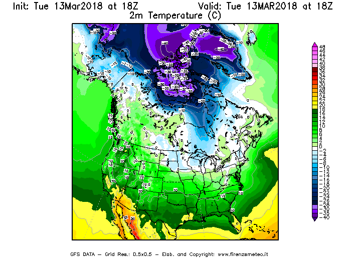 Mappa di analisi GFS - Temperatura a 2 metri dal suolo [°C] in Nord-America
							del 13/03/2018 18 <!--googleoff: index-->UTC<!--googleon: index-->