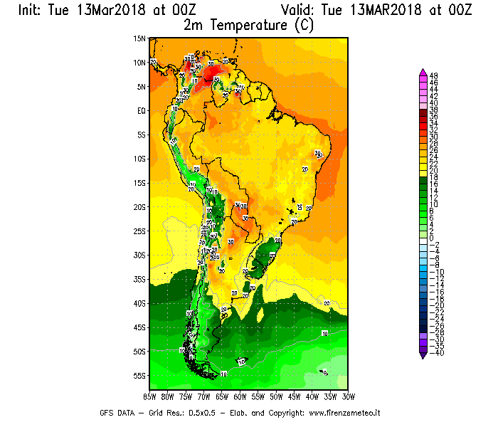 Mappa di analisi GFS - Temperatura a 2 metri dal suolo [°C] in Sud-America
							del 13/03/2018 00 <!--googleoff: index-->UTC<!--googleon: index-->