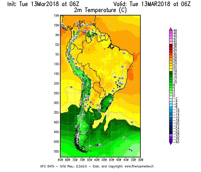 Mappa di analisi GFS - Temperatura a 2 metri dal suolo [°C] in Sud-America
							del 13/03/2018 06 <!--googleoff: index-->UTC<!--googleon: index-->