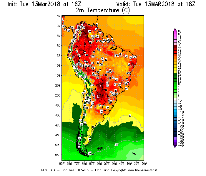 Mappa di analisi GFS - Temperatura a 2 metri dal suolo [°C] in Sud-America
							del 13/03/2018 18 <!--googleoff: index-->UTC<!--googleon: index-->