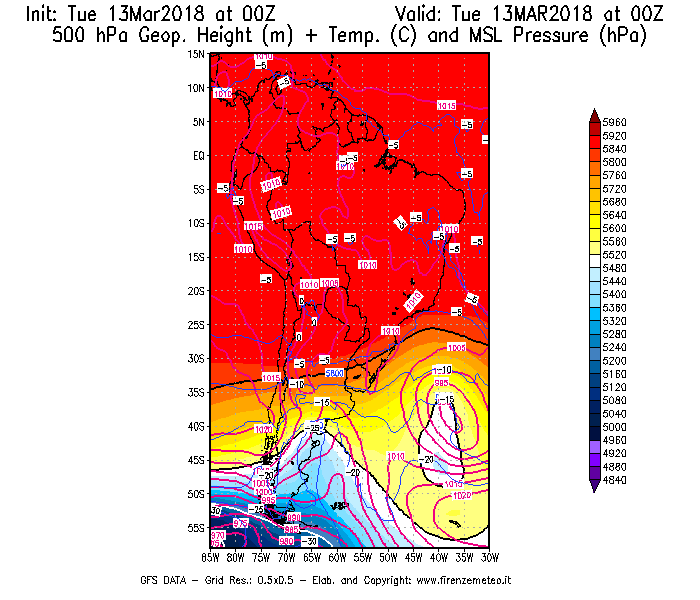 Mappa di analisi GFS - Geopotenziale [m] + Temp. [°C] a 500 hPa + Press. a livello del mare [hPa] in Sud-America
							del 13/03/2018 00 <!--googleoff: index-->UTC<!--googleon: index-->