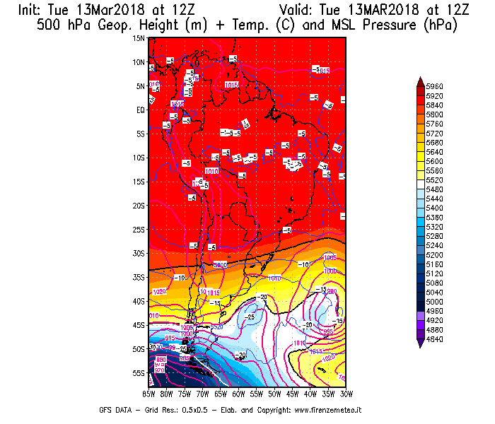 Mappa di analisi GFS - Geopotenziale [m] + Temp. [°C] a 500 hPa + Press. a livello del mare [hPa] in Sud-America
							del 13/03/2018 12 <!--googleoff: index-->UTC<!--googleon: index-->
