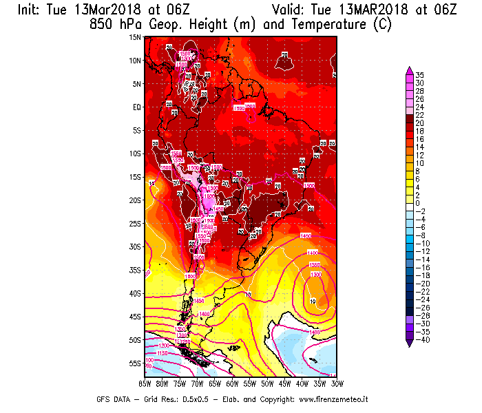Mappa di analisi GFS - Geopotenziale [m] e Temperatura [°C] a 850 hPa in Sud-America
							del 13/03/2018 06 <!--googleoff: index-->UTC<!--googleon: index-->