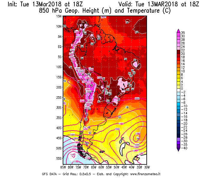 Mappa di analisi GFS - Geopotenziale [m] e Temperatura [°C] a 850 hPa in Sud-America
							del 13/03/2018 18 <!--googleoff: index-->UTC<!--googleon: index-->