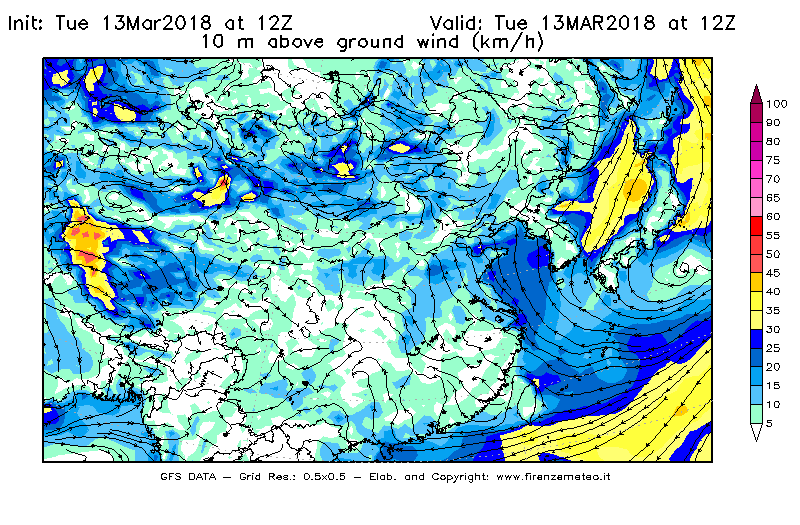 Mappa di analisi GFS - Velocità del vento a 10 metri dal suolo [km/h] in Asia Orientale
							del 13/03/2018 12 <!--googleoff: index-->UTC<!--googleon: index-->