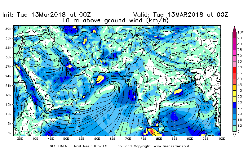 Mappa di analisi GFS - Velocità del vento a 10 metri dal suolo [km/h] in Asia Sud-Occidentale
							del 13/03/2018 00 <!--googleoff: index-->UTC<!--googleon: index-->