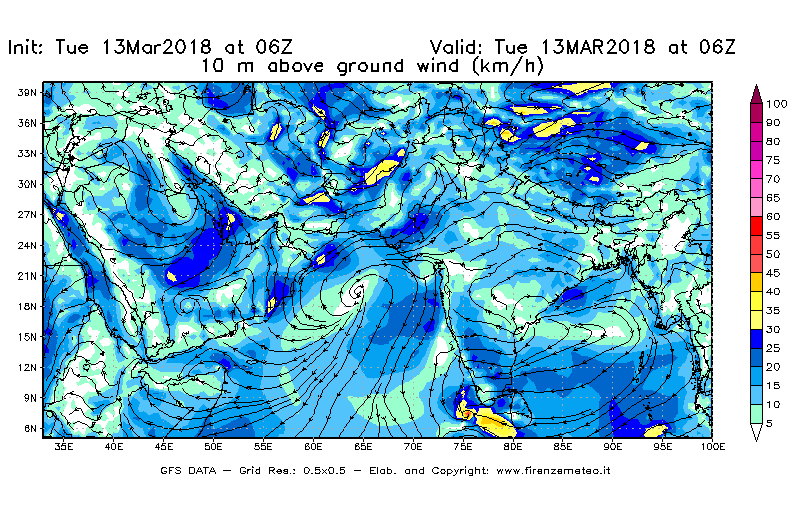 Mappa di analisi GFS - Velocità del vento a 10 metri dal suolo [km/h] in Asia Sud-Occidentale
							del 13/03/2018 06 <!--googleoff: index-->UTC<!--googleon: index-->