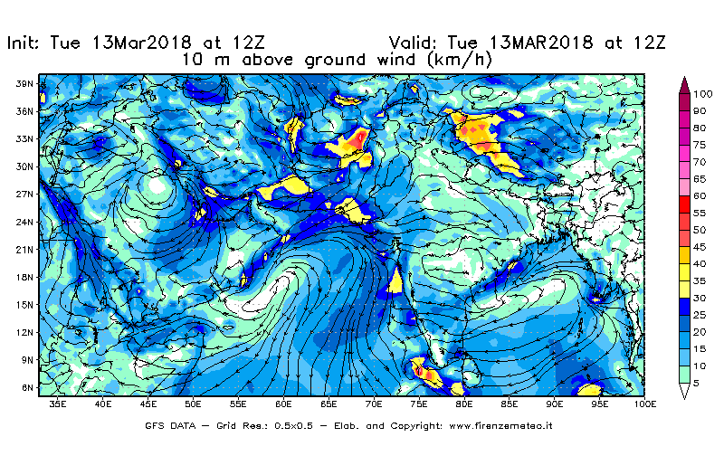 Mappa di analisi GFS - Velocità del vento a 10 metri dal suolo [km/h] in Asia Sud-Occidentale
							del 13/03/2018 12 <!--googleoff: index-->UTC<!--googleon: index-->