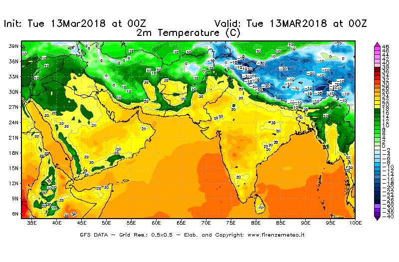 Mappa di analisi GFS - Temperatura a 2 metri dal suolo [°C] in Asia Sud-Occidentale
							del 13/03/2018 00 <!--googleoff: index-->UTC<!--googleon: index-->