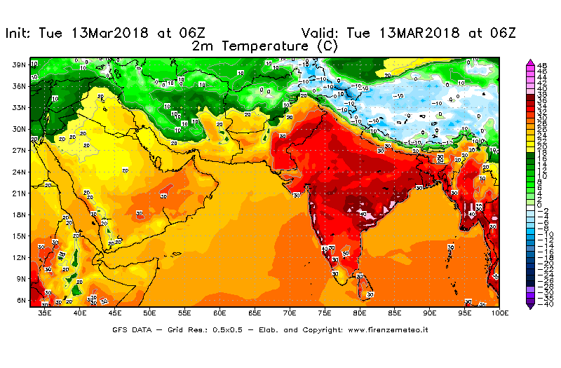 Mappa di analisi GFS - Temperatura a 2 metri dal suolo [°C] in Asia Sud-Occidentale
							del 13/03/2018 06 <!--googleoff: index-->UTC<!--googleon: index-->