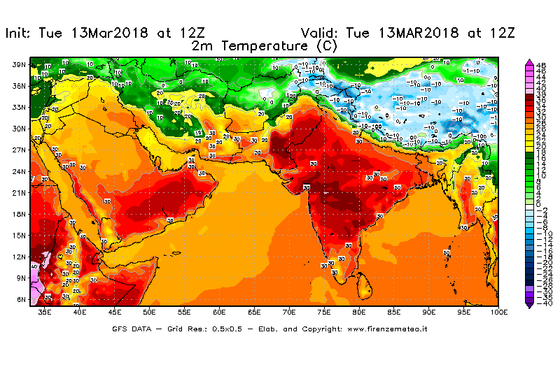 Mappa di analisi GFS - Temperatura a 2 metri dal suolo [°C] in Asia Sud-Occidentale
							del 13/03/2018 12 <!--googleoff: index-->UTC<!--googleon: index-->