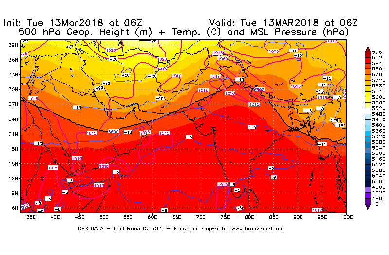 Mappa di analisi GFS - Geopotenziale [m] + Temp. [°C] a 500 hPa + Press. a livello del mare [hPa] in Asia Sud-Occidentale
							del 13/03/2018 06 <!--googleoff: index-->UTC<!--googleon: index-->