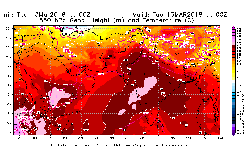 Mappa di analisi GFS - Geopotenziale [m] e Temperatura [°C] a 850 hPa in Asia Sud-Occidentale
							del 13/03/2018 00 <!--googleoff: index-->UTC<!--googleon: index-->