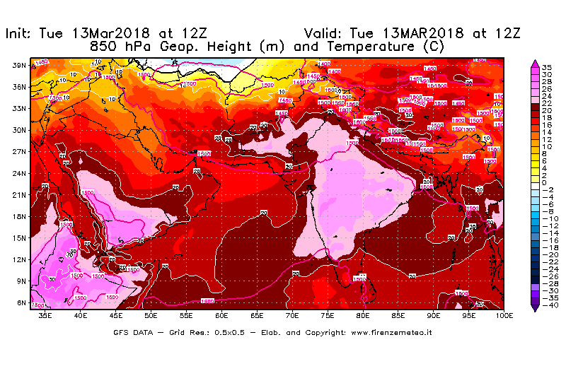 Mappa di analisi GFS - Geopotenziale [m] e Temperatura [°C] a 850 hPa in Asia Sud-Occidentale
							del 13/03/2018 12 <!--googleoff: index-->UTC<!--googleon: index-->
