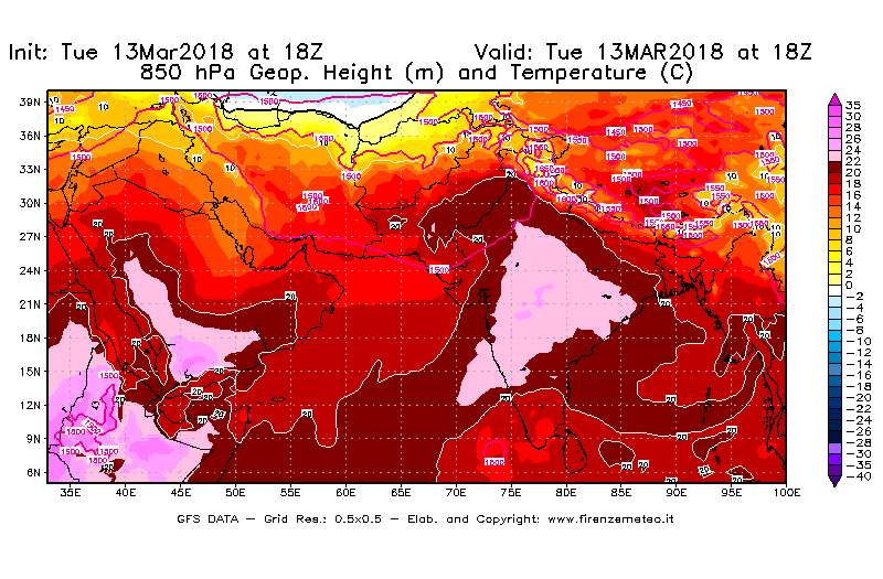 Mappa di analisi GFS - Geopotenziale [m] e Temperatura [°C] a 850 hPa in Asia Sud-Occidentale
							del 13/03/2018 18 <!--googleoff: index-->UTC<!--googleon: index-->