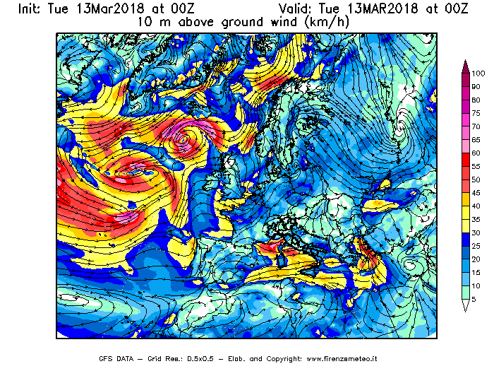 Mappa di analisi GFS - Velocità del vento a 10 metri dal suolo [km/h] in Europa
							del 13/03/2018 00 <!--googleoff: index-->UTC<!--googleon: index-->