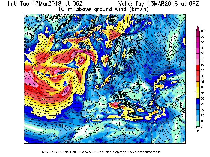 Mappa di analisi GFS - Velocità del vento a 10 metri dal suolo [km/h] in Europa
							del 13/03/2018 06 <!--googleoff: index-->UTC<!--googleon: index-->