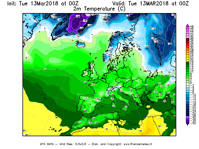 Mappa di analisi GFS - Temperatura a 2 metri dal suolo [°C] in Europa
							del 13/03/2018 00 <!--googleoff: index-->UTC<!--googleon: index-->