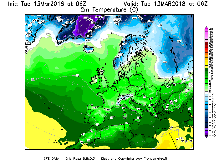 Mappa di analisi GFS - Temperatura a 2 metri dal suolo [°C] in Europa
							del 13/03/2018 06 <!--googleoff: index-->UTC<!--googleon: index-->
