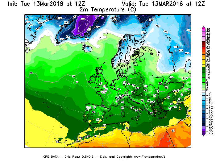Mappa di analisi GFS - Temperatura a 2 metri dal suolo [°C] in Europa
							del 13/03/2018 12 <!--googleoff: index-->UTC<!--googleon: index-->