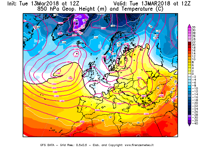 Mappa di analisi GFS - Geopotenziale [m] e Temperatura [°C] a 850 hPa in Europa
							del 13/03/2018 12 <!--googleoff: index-->UTC<!--googleon: index-->