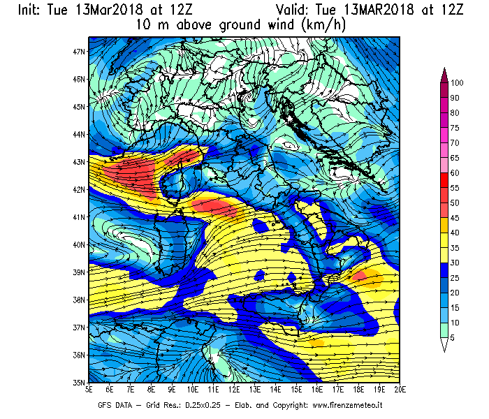 Mappa di analisi GFS - Velocità del vento a 10 metri dal suolo [km/h] in Italia
							del 13/03/2018 12 <!--googleoff: index-->UTC<!--googleon: index-->