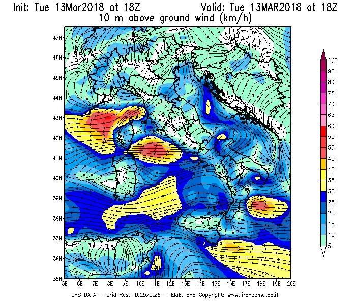 Mappa di analisi GFS - Velocità del vento a 10 metri dal suolo [km/h] in Italia
							del 13/03/2018 18 <!--googleoff: index-->UTC<!--googleon: index-->
