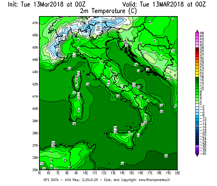 Mappa di analisi GFS - Temperatura a 2 metri dal suolo [°C] in Italia
							del 13/03/2018 00 <!--googleoff: index-->UTC<!--googleon: index-->