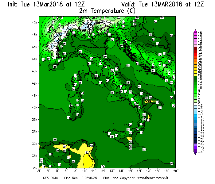 Mappa di analisi GFS - Temperatura a 2 metri dal suolo [°C] in Italia
							del 13/03/2018 12 <!--googleoff: index-->UTC<!--googleon: index-->