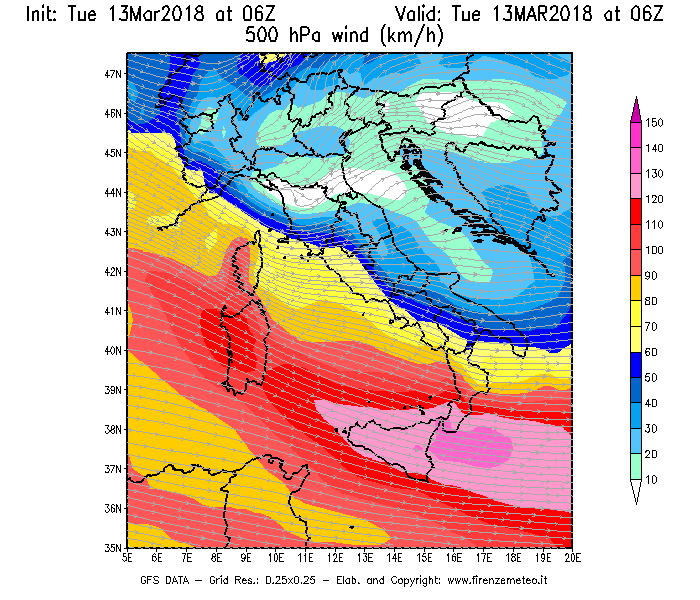 Mappa di analisi GFS - Velocità del vento a 500 hPa [km/h] in Italia
							del 13/03/2018 06 <!--googleoff: index-->UTC<!--googleon: index-->