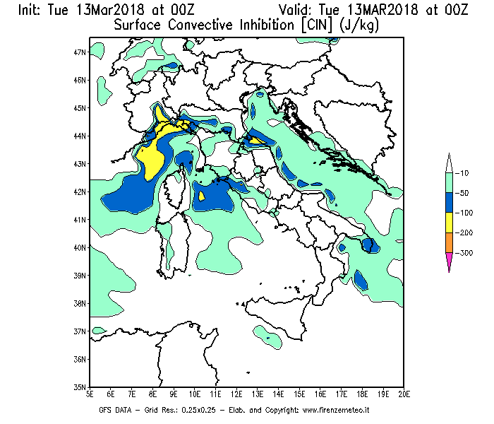 Mappa di analisi GFS - CIN [J/kg] in Italia
							del 13/03/2018 00 <!--googleoff: index-->UTC<!--googleon: index-->