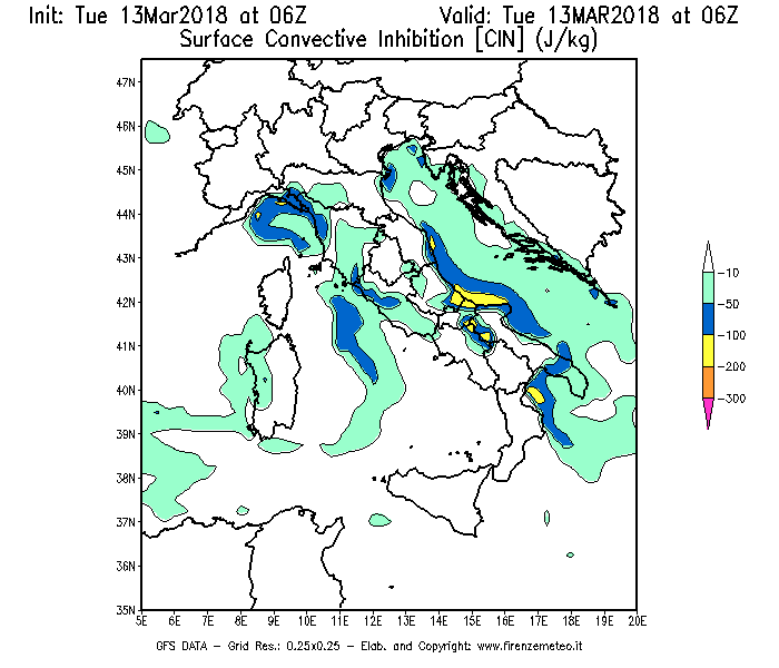 Mappa di analisi GFS - CIN [J/kg] in Italia
							del 13/03/2018 06 <!--googleoff: index-->UTC<!--googleon: index-->