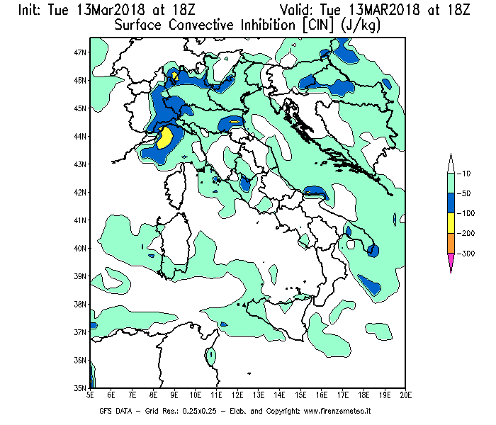Mappa di analisi GFS - CIN [J/kg] in Italia
							del 13/03/2018 18 <!--googleoff: index-->UTC<!--googleon: index-->