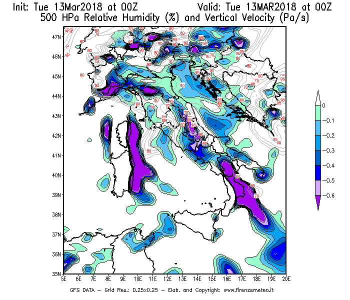 Mappa di analisi GFS - Umidità relativa [%] e Omega [Pa/s] a 500 hPa in Italia
							del 13/03/2018 00 <!--googleoff: index-->UTC<!--googleon: index-->