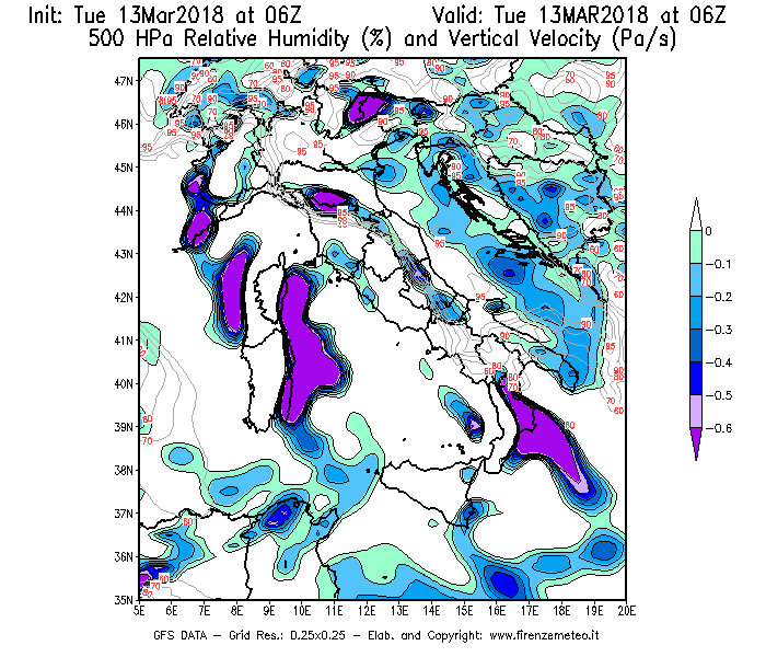 Mappa di analisi GFS - Umidità relativa [%] e Omega [Pa/s] a 500 hPa in Italia
							del 13/03/2018 06 <!--googleoff: index-->UTC<!--googleon: index-->
