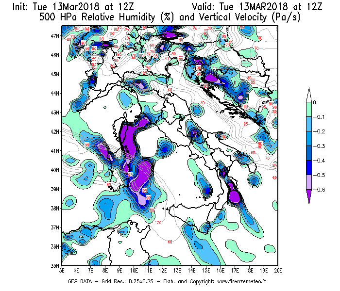 Mappa di analisi GFS - Umidità relativa [%] e Omega [Pa/s] a 500 hPa in Italia
							del 13/03/2018 12 <!--googleoff: index-->UTC<!--googleon: index-->