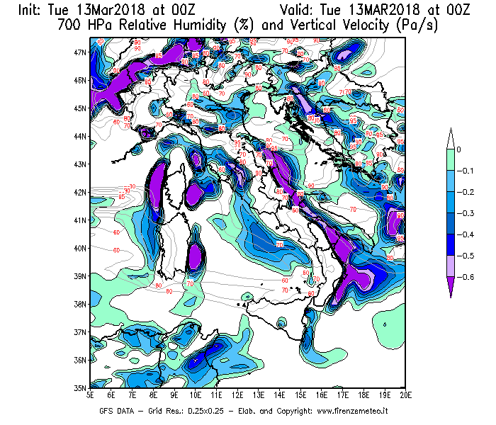 Mappa di analisi GFS - Umidità relativa [%] e Omega [Pa/s] a 700 hPa in Italia
							del 13/03/2018 00 <!--googleoff: index-->UTC<!--googleon: index-->