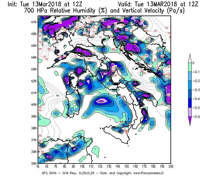 Mappa di analisi GFS - Umidità relativa [%] e Omega [Pa/s] a 700 hPa in Italia
							del 13/03/2018 12 <!--googleoff: index-->UTC<!--googleon: index-->