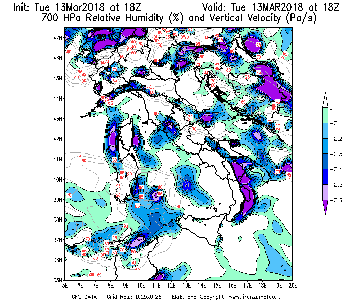 Mappa di analisi GFS - Umidità relativa [%] e Omega [Pa/s] a 700 hPa in Italia
							del 13/03/2018 18 <!--googleoff: index-->UTC<!--googleon: index-->