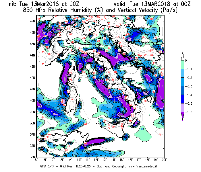 Mappa di analisi GFS - Umidità relativa [%] e Omega [Pa/s] a 850 hPa in Italia
							del 13/03/2018 00 <!--googleoff: index-->UTC<!--googleon: index-->