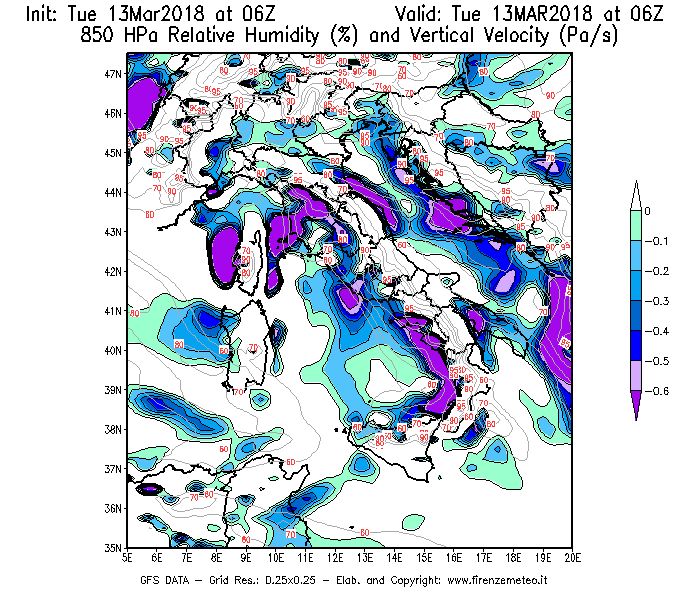 Mappa di analisi GFS - Umidità relativa [%] e Omega [Pa/s] a 850 hPa in Italia
							del 13/03/2018 06 <!--googleoff: index-->UTC<!--googleon: index-->
