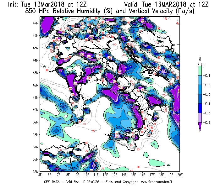 Mappa di analisi GFS - Umidità relativa [%] e Omega [Pa/s] a 850 hPa in Italia
							del 13/03/2018 12 <!--googleoff: index-->UTC<!--googleon: index-->