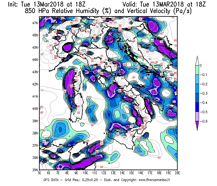 Mappa di analisi GFS - Umidità relativa [%] e Omega [Pa/s] a 850 hPa in Italia
							del 13/03/2018 18 <!--googleoff: index-->UTC<!--googleon: index-->